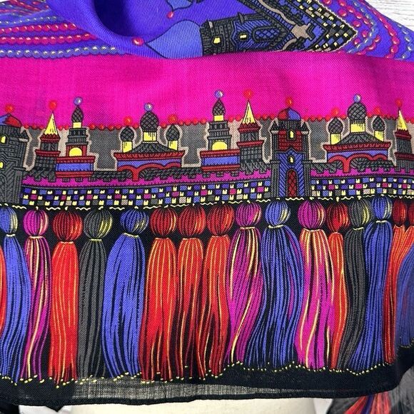 Albert Nipon Wool Square Scarf Purple Multicolor Persian Motifs Excellent 38x38 - Picture 12 of 16